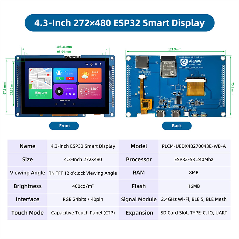 ESP32 S3 4.3 İnç 480*272 Kapas - Esp32 P4 incelemesi ve fiyatı